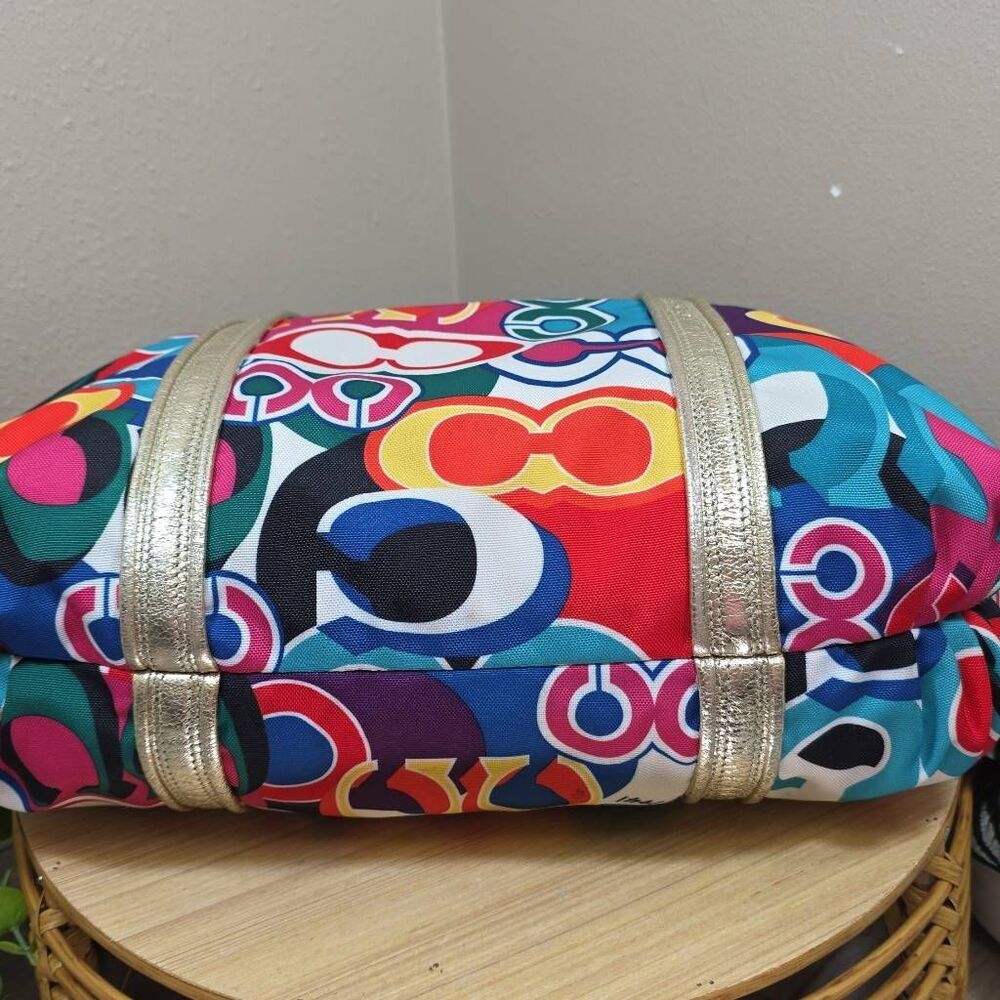 Coach Poppy Glam Tote Op Art Signature Multi-Color Jacquard Shoulder Bag Gold Le - Picture 9 of 14